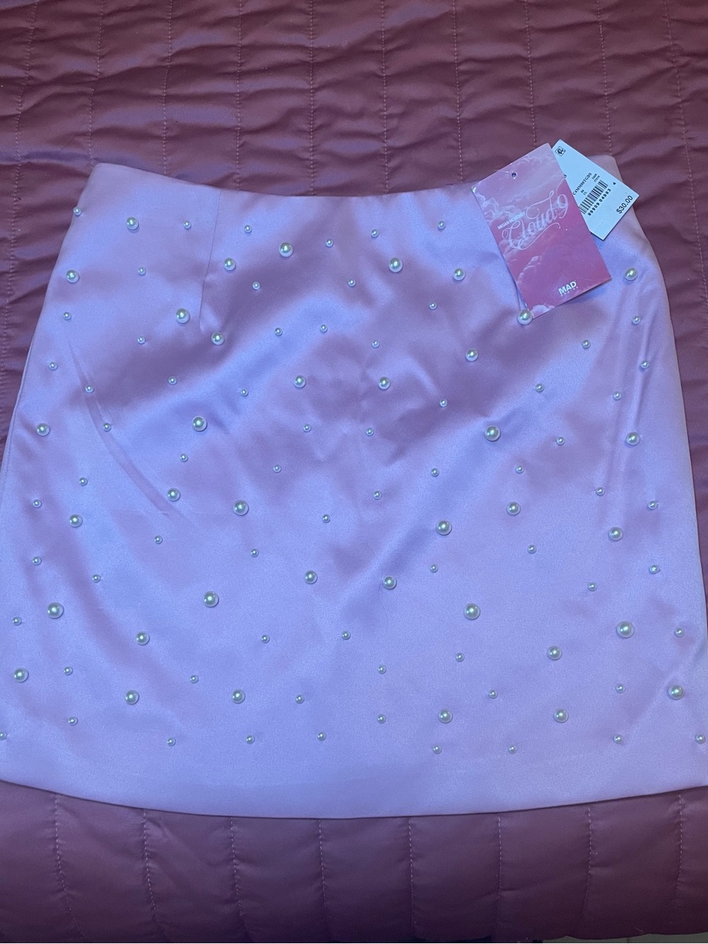 XS Megan Moroney Pink satin mini skirt with pearl embellishments Brand new